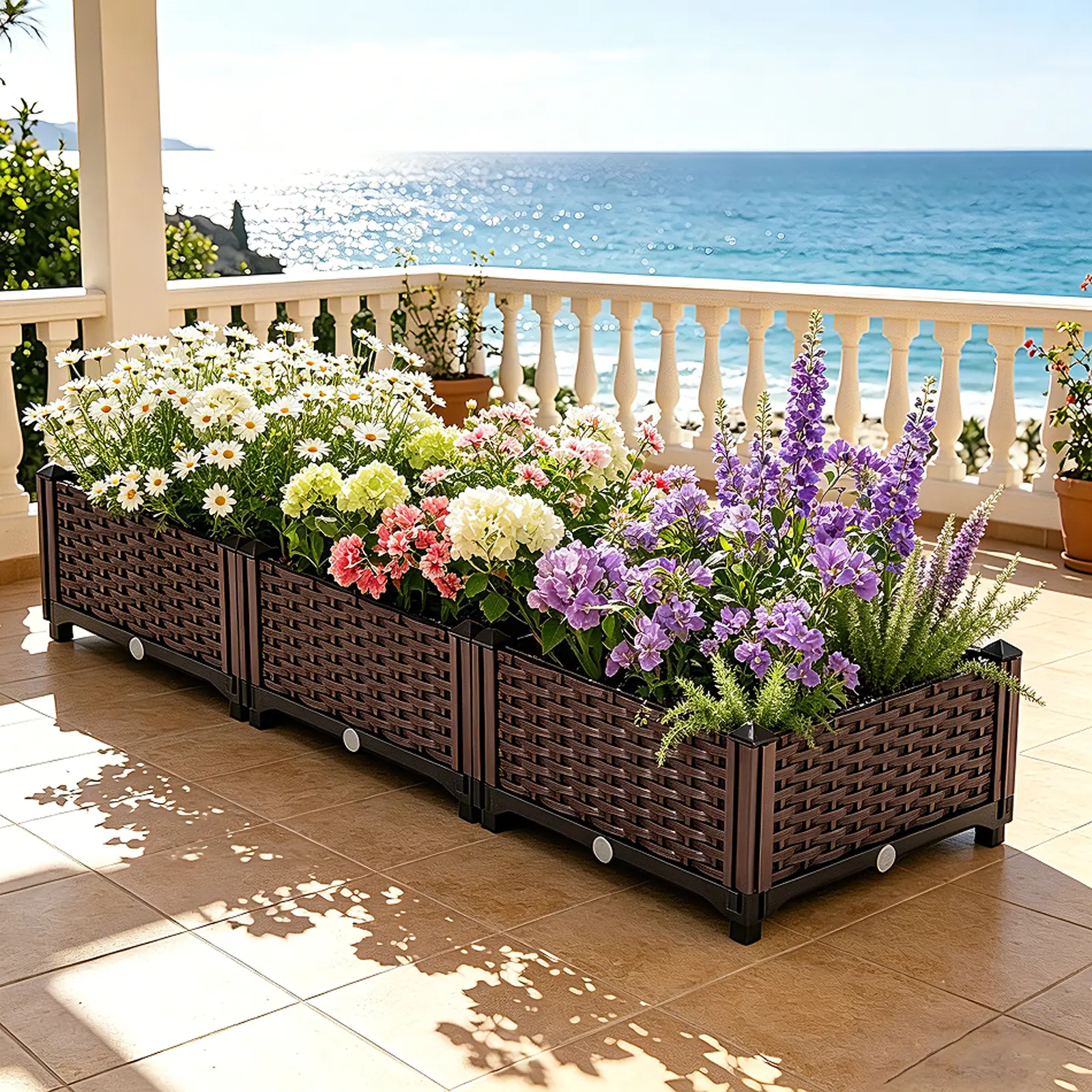 Raised Garden Beds Kit Outdoor Patio,3 Pack Rectangular Plastic Planter Boxes, Gardening Planter Box for Vegetable Elevated Flower Herbs, Brown