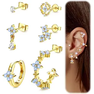 ZELORES 6PCS 14k Gold Plated Hoop Earrings Stacks for Women Trendy Small Chunky Gold Huggie Earring CZ Cartilage Stud Earrings Hypoallergenic Dangle Chain Earrings for Multiple Piercing minimalist elegant fashion Gold Plated Small Hoop Earrings Set