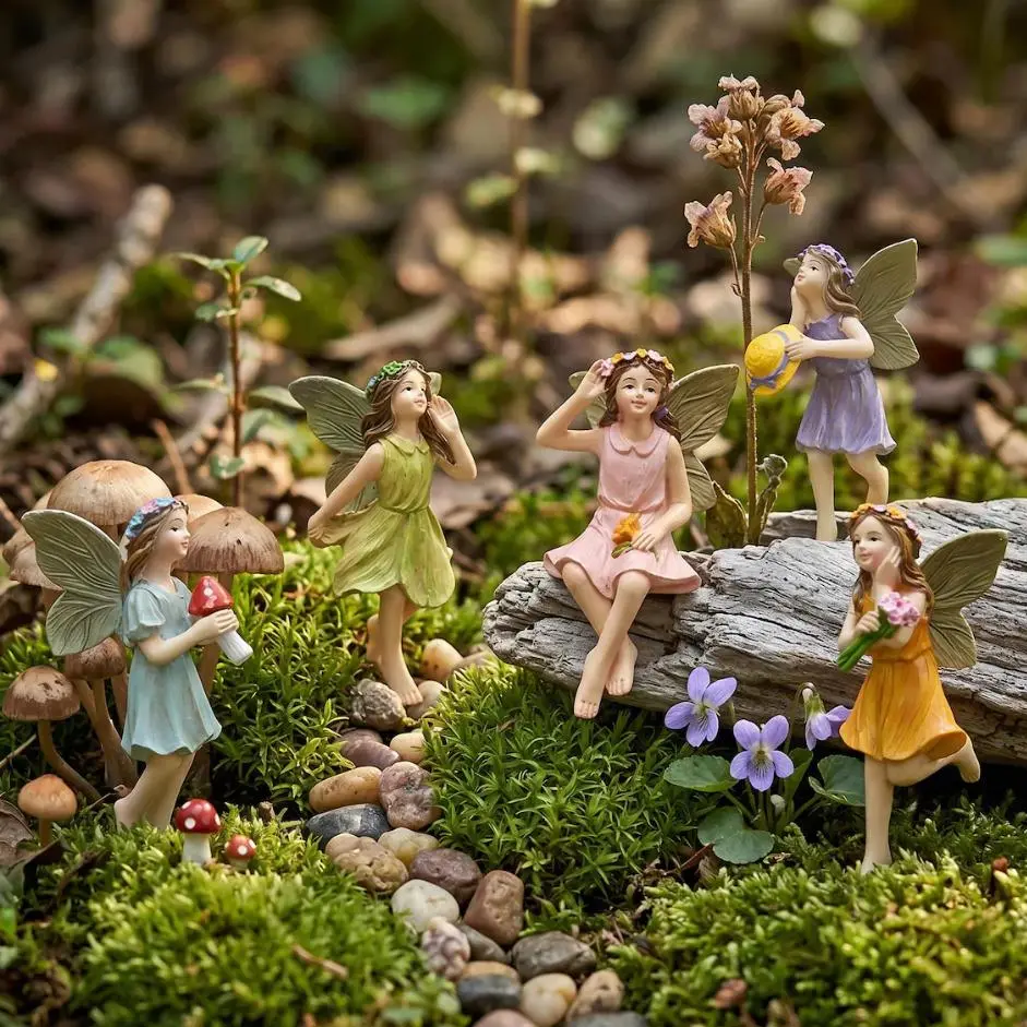 5-Pcs Resin Miniature Figurine Set, Whimsical Fairy Garden Decor, Waterproof Outdoor Lawn Patio Ornament, Plant Pot Accent, Gift Idea for Him, Decorative