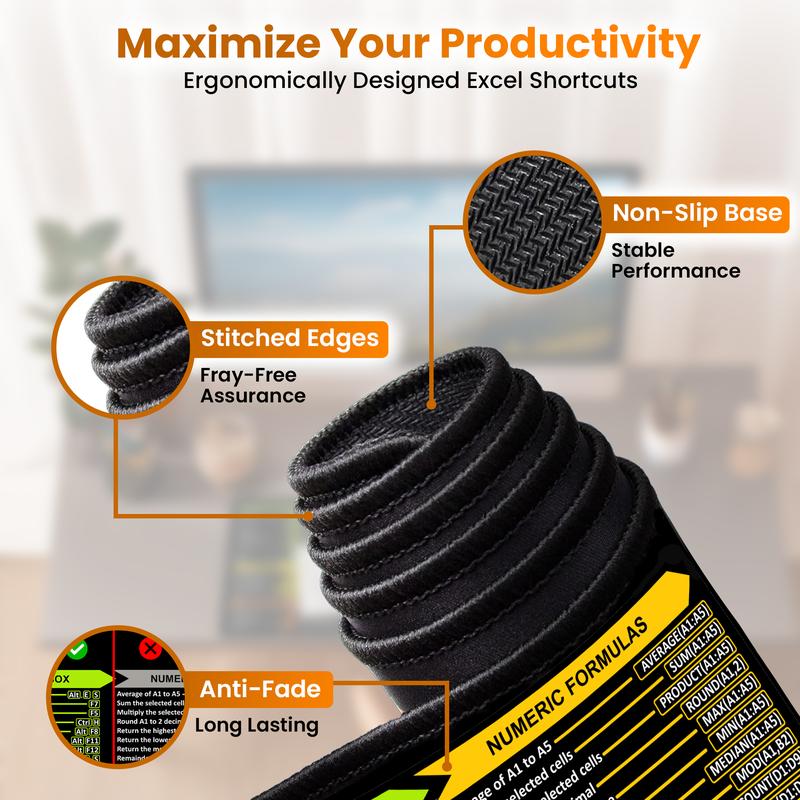 Excel Cheat Sheet Desk Mat Large 31.5"x11.8" Excel Keyboard Shortcut Mouse Pad Durable Premium Quality Non-Slip Office PC Gaming Mat for Productivity and Efficiency