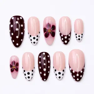 Polka Dot Press On Nails in Burgundy & White, Medium Almond Floral Accents French Tip Fake Nails, Custom Nail for Everyday Wear, Holiday
