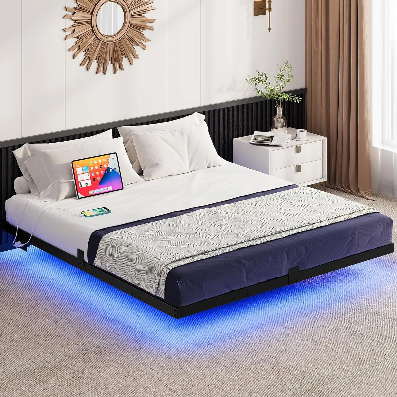 Yitahome Floating Bed Frame Full/Queen/King Size, LED Bed Frame with Charging Station, Metal Platform Full Bed with Heavy Duty Steel Slats Supports, N