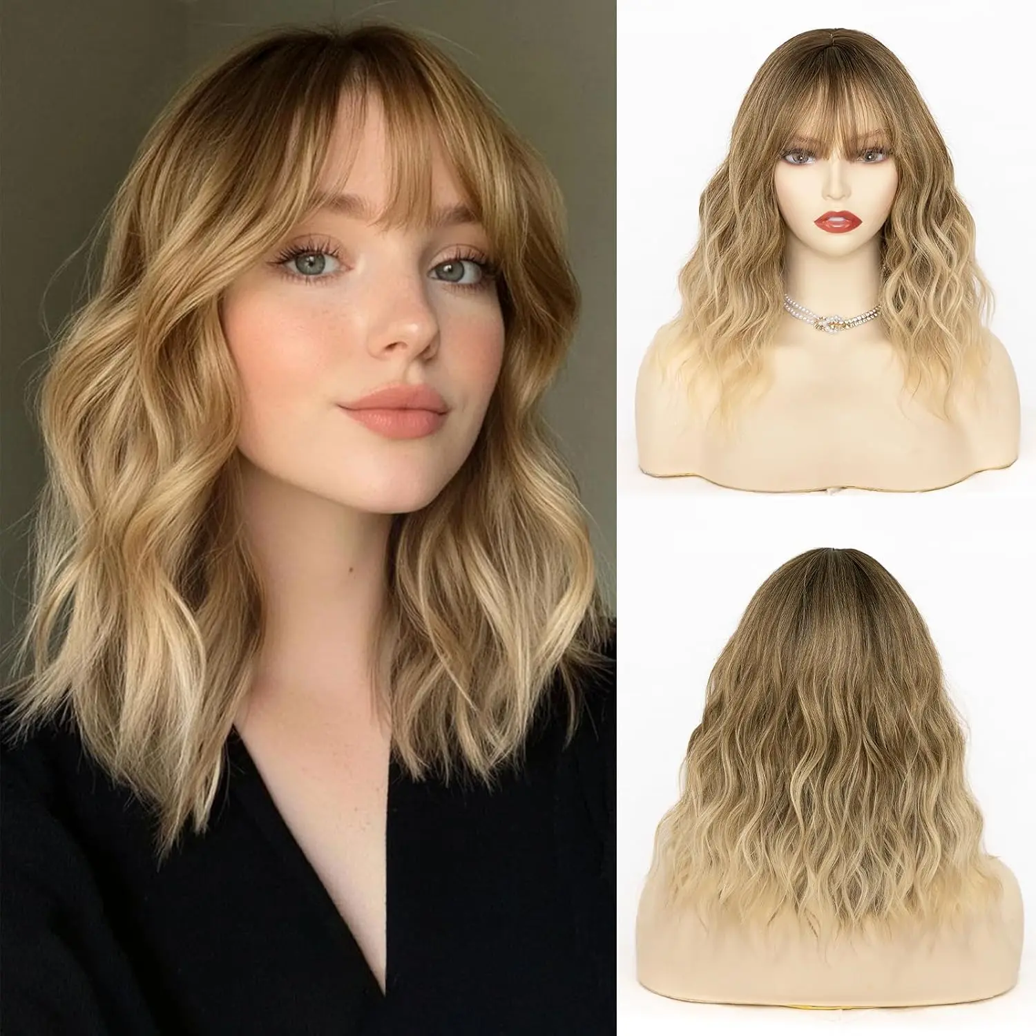 Blonde Wig with Bangs, 14 Inch Blonde Bob Wig with Bangs for Women, Shoulder Length Short Blonde Wig, Cosplay Costume  Wig