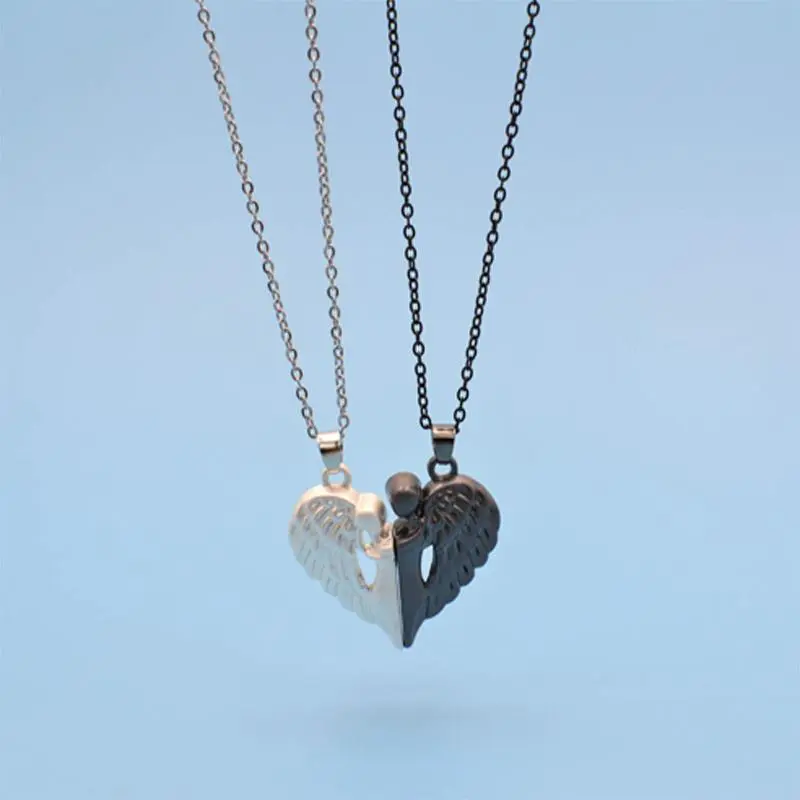 Veliora Gift B Couple Magnetic Angel Wings Hugging Heart Pendant Necklace, Devil Wings Magnet Design, Valentine’s Day Gift Collarbone Chain stud earring cuban link bracelet men, Micro Magnets, 3D Angel Wing Design