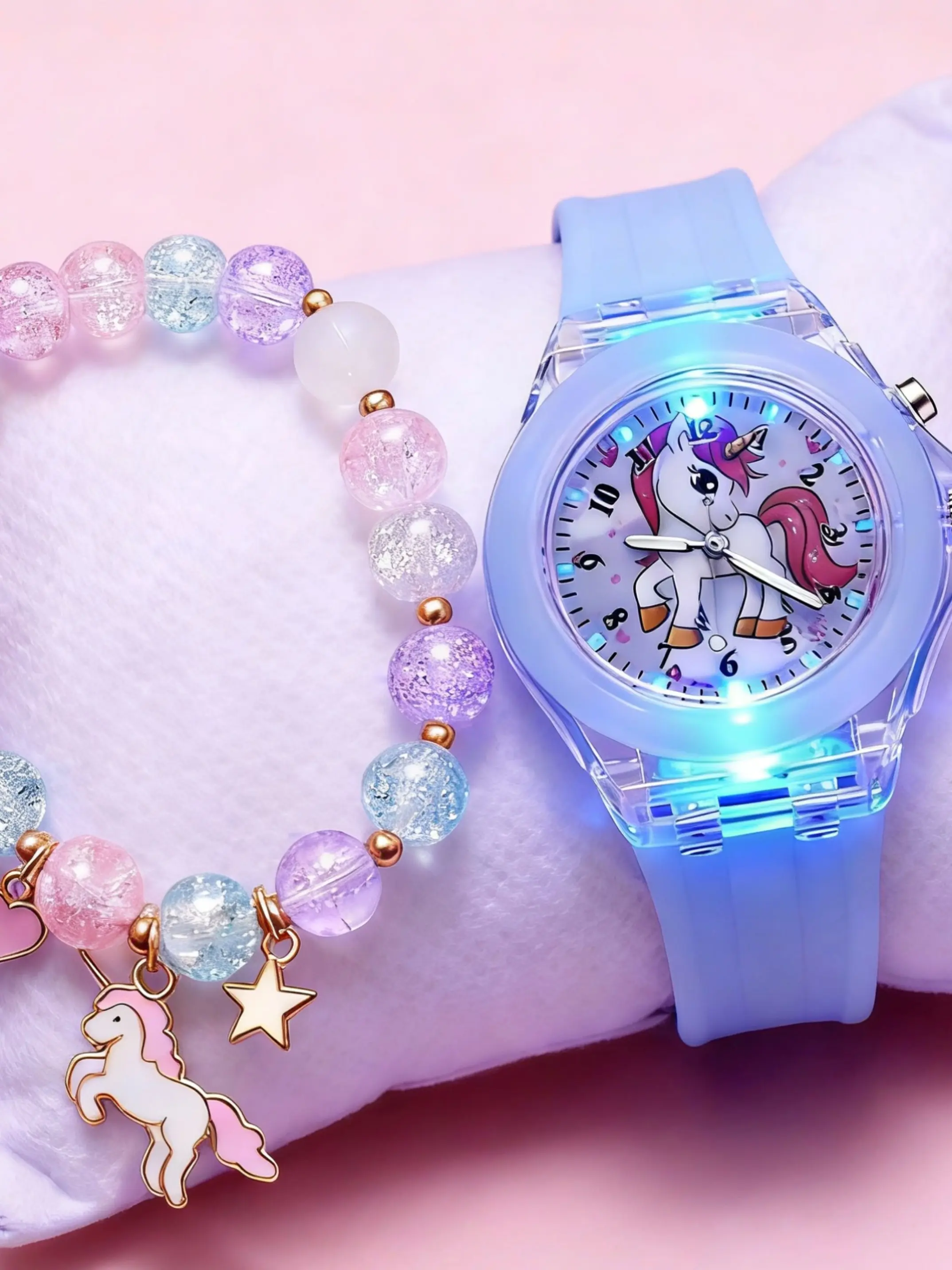 Cute Unicorn Fashion Girly Watch Set for Boys & Girls, Child Watch, Includes Luminous Quartz Casual Watch and LED Beaded Bracelet, Perfect Christmas Gift