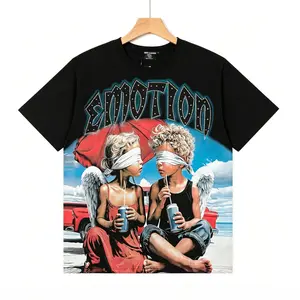 EMOTION Masked Angel Graphic T-Shirt Diamond Print Oversized Cotton Tee Y2K Streetwear Aesthetic Summer Loose Fit Unisex Top
