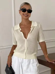 Spring Summer Women's Cream Polo Neck Hollow Out Knit Cardigan - Short Sleeve Button Down Casual Minimalist Knit Top Cover Up Knitwear