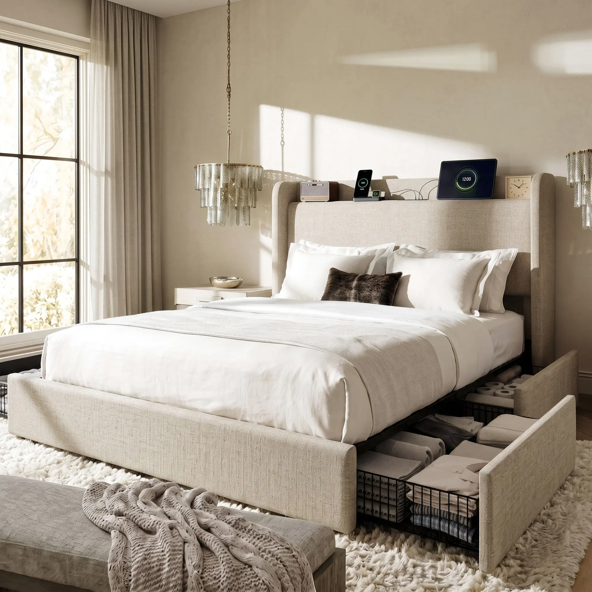 SHA CERLIN Platform Bed Frame with 4 Oversized Storage Drawers, Modern Wingback Headboard with Shelf & Charging Station, No Box Spring Needed