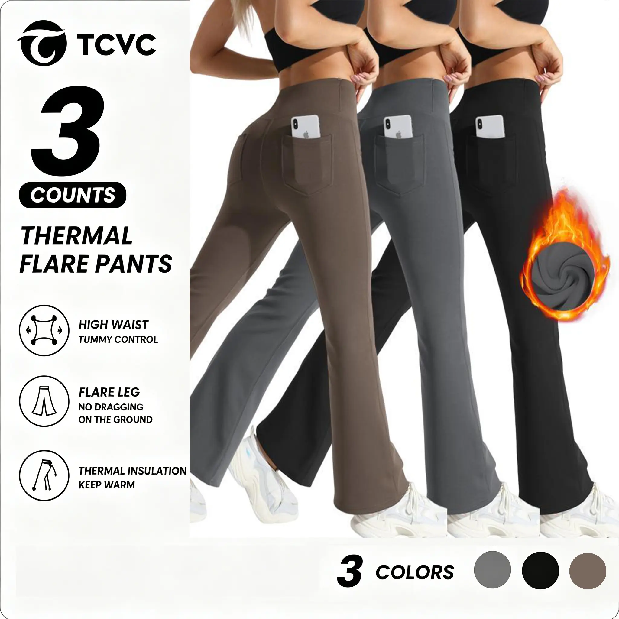 TCVC women's bell bottoms, leggings and yoga pants, bell bottoms, high waist, leisure sports and leisure lounge, high bottom pockets, plus velvet warm fabrics, suitable for daily wear and exercise, suitable for autumn and winter seasons. Basic  Womenswear
