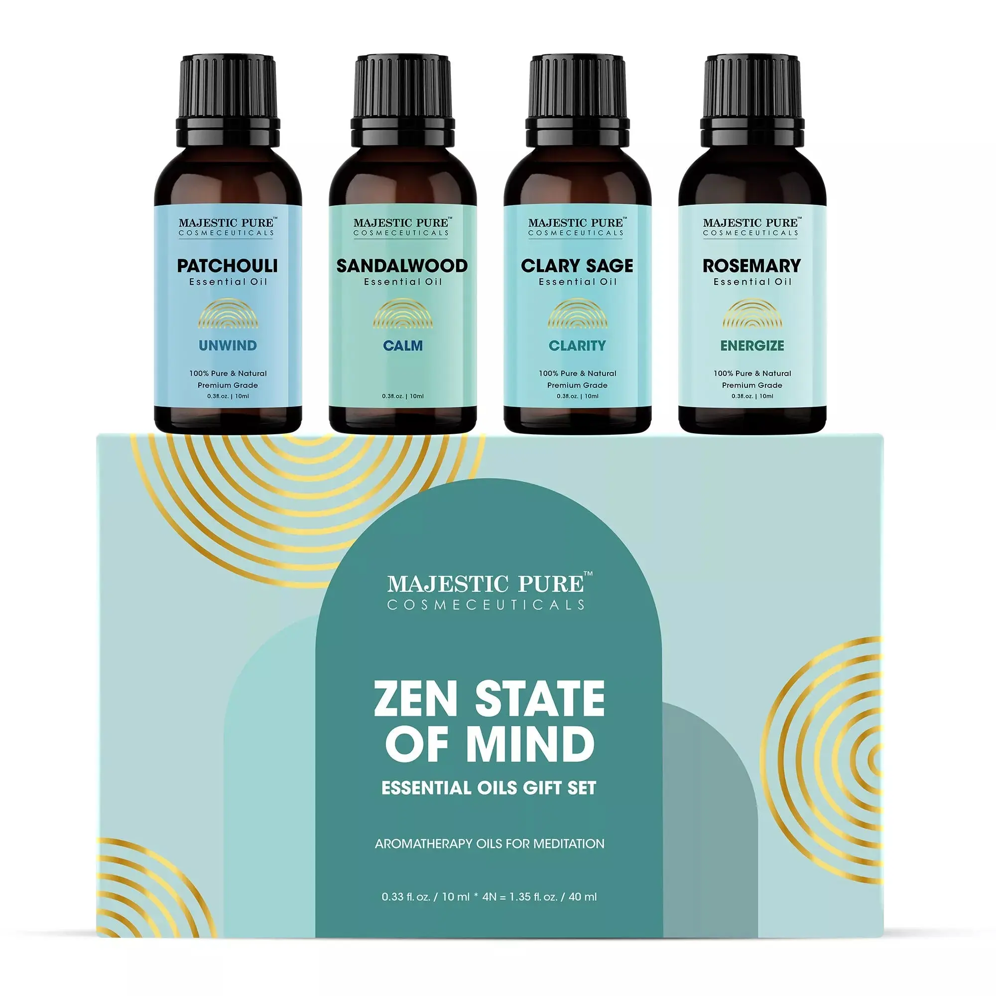 Aromatherapy Essential Oil Wellness Gift Set - 4-Pack 0.3 Fl Oz Bottles for Healthcare, Zen Mind Support