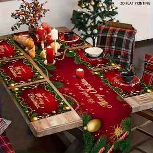 2D flat printing, 1 piece/4 pieces/6 pieces/5 pieces set/7 pieces set, Christmas table flag placemat set - elegant red and gold holiday decoration with holiday patterns, perfect for family gatherings and daily dining, Christmas desktop decoration