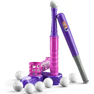 2 in 1 Tee Ball Set for Kids 3-8, Kids Baseball T-Ball Set with 10 Balls, Step on Pitching Machine, Batting Tee, Outdoor Sport Toy Games for 3-12 Year Old Boys Girls Toddler