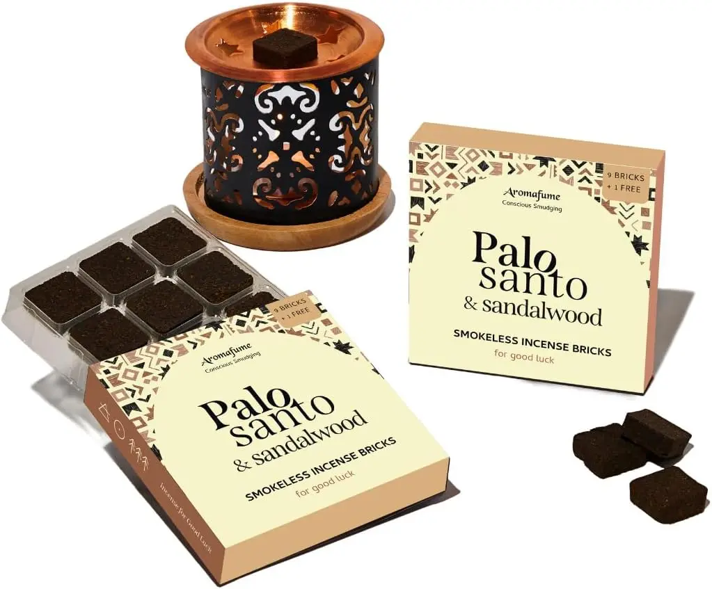 Palo Santo & Sandalwood Smokeless Incense Bricks & Taj Burner | 2 x 9 Bricks | Aromatherapy | Smudging | Made with Essential Oils | Natural Air fresheners for Home | Spiritual Meditation Accessories