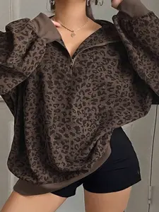 Women's Plus Size Leopard Print Half-Zip Collared Top, Vintage, Baggy, Casual and Stylish, Perfect for Daily Shopping, Loose-Fitting Fall & Winter