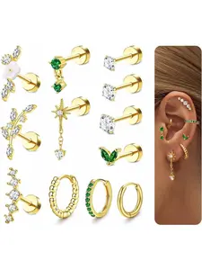 Retro 12 Pcs Golden Elegant Helix Piercing Jewelry Dainty Fashion Jewelry Chunky Surgical Steel Tragus Earrings Set for Women Men Gentle Flat Back Earrings Stud Flower Ear Piercing Helix Hoop Cartilage Earrings Conch Daith Tragus Piercing Jewelry Set