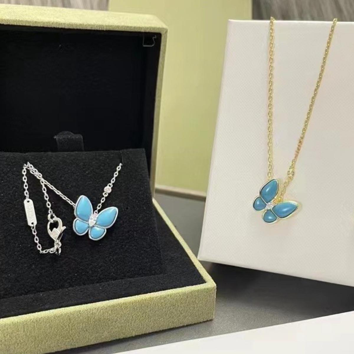 Elegant Blue Enamel Butterfly Pendant Necklace, Minimalist Collarbone Chain for Daily & Office Wear