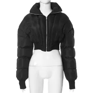 Crop Top Puffer Jacket - Black Coat with Pockets, and Front Zipper, Ideal for Women's Wear -  Outerwear, Coats