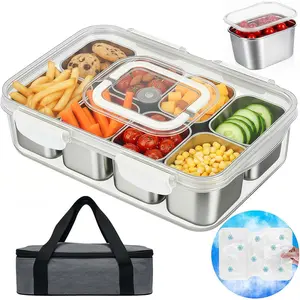 Portable Stainless Steel Snackle Box Container with Ice Pack Lid Insulated Bag 8 Compartment Divided Storage Serving Tray for Beach Road Trip Picnic Fruit Charcuterie