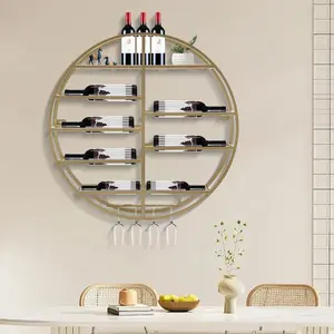 Gold Wall Mount Wine Rack for 4.33 inch Diameter Bottles and 4 Glasses 23.6 Inch Wide Bar Kitchen Modern Decor