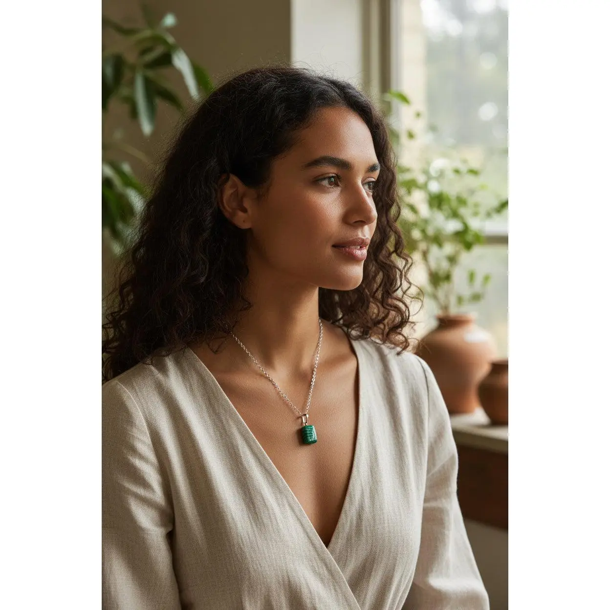 Green Malachite Natural Gemstone Pendant, Durable Stainless Steel Jewelry with Anti-Tarnish Chain for Prolonged Wear, Natural Stone, Female, Unique Variations