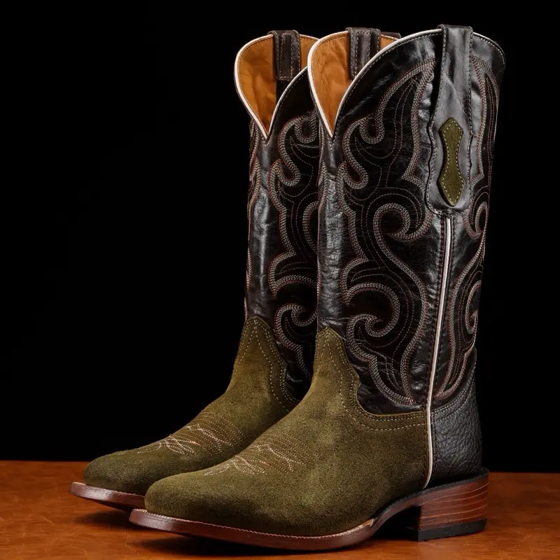 Olive Green Rough-Out Boots - Square Toe