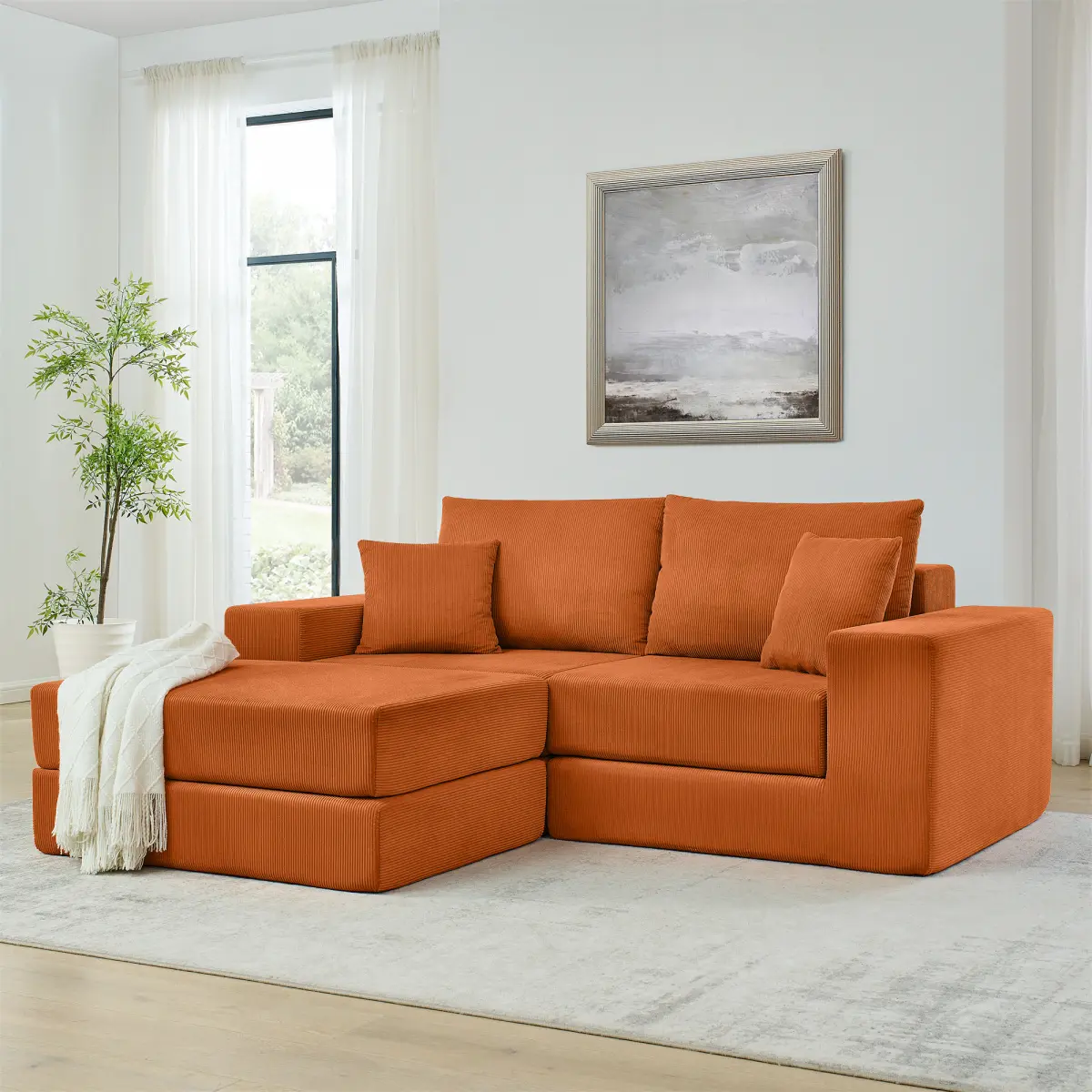 Modular Sofa Cloud Sectional Couch, Modern Upholstered L-Shaped Sofa with Removable Ottoman, Deep Seat Sleeper Couch with Throw Pillows for Living Room, Apartment, Small Space,  Orange