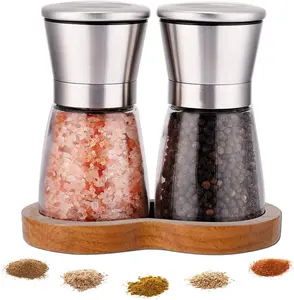 Salt and Pepper Grinder Set with Wooden Standing Tray, Refillable Pepper Mill Set - Brushed Stainless Steel
