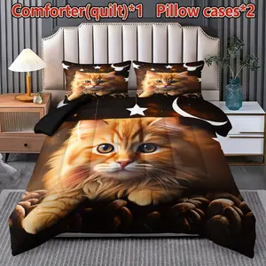3-Piece Cute Cat Pattern Bedding Set, Soft and Comfortable, Ideal for Bedroom, Room, Dorm, All-Season Home Decor, Includes 1 Quilt + 2 Pillowcases