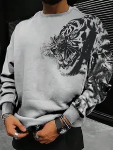 Men's Tiger Print Drop Shoulder Sweatshirt, Regular Fit Casual Long Sleeve Round Neck Pullover for Fall & Winter, Fashion Men's Top for Daily Wear