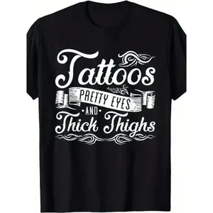 Plus Size Women's Oversized T-Shirt Featuring Tattoo Themed Design with Pretty Eyes and Thigh Tattoos