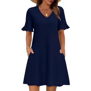 Summer Casual Dresses for Women A Line Sun Dress Ruffle Short Sleeve V Neck Floral Tshirt Dress with Pockets