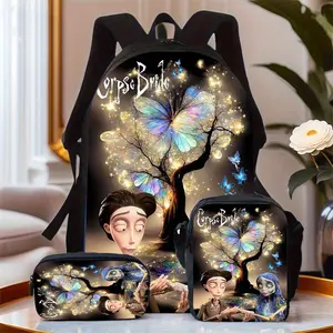 Autumn three-piece set with horror movie theme, large-capacity Oxford cloth travel bag, equipped with a laptop compartment, unisex school backpack, includes a pencil case and crossbody bag, hand washable - suitable for daily commuting for both men and wom