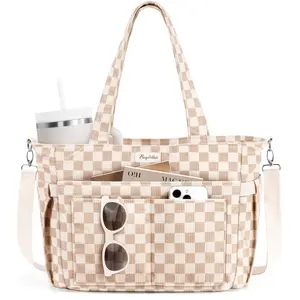 Bagstellar Corduroy Tote Bag for Women, 15.6 inch Laptop Work Tote Bags for School College with Large Cup Holder, Durable Zipper Corduroy Casual Tote Purse Shoulder Organiser for Student, Work, Daily, Travel, Gym