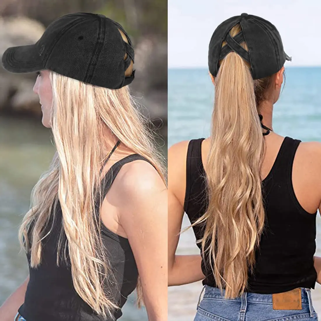 Women's Distressed Adjustable Criss Cross Ponytail Baseball Cap with Wide Visor - Fits High Messy Buns, Trucker Hat for Bridesmaids, Ideal for Pool, Traveling Outings