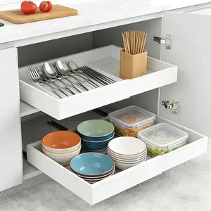 High-Performance Kitchen Cabinet Storage Solution, Expandable Drawer Organizer, Tool-Free Adhesive Installation, Adjustable Shelves