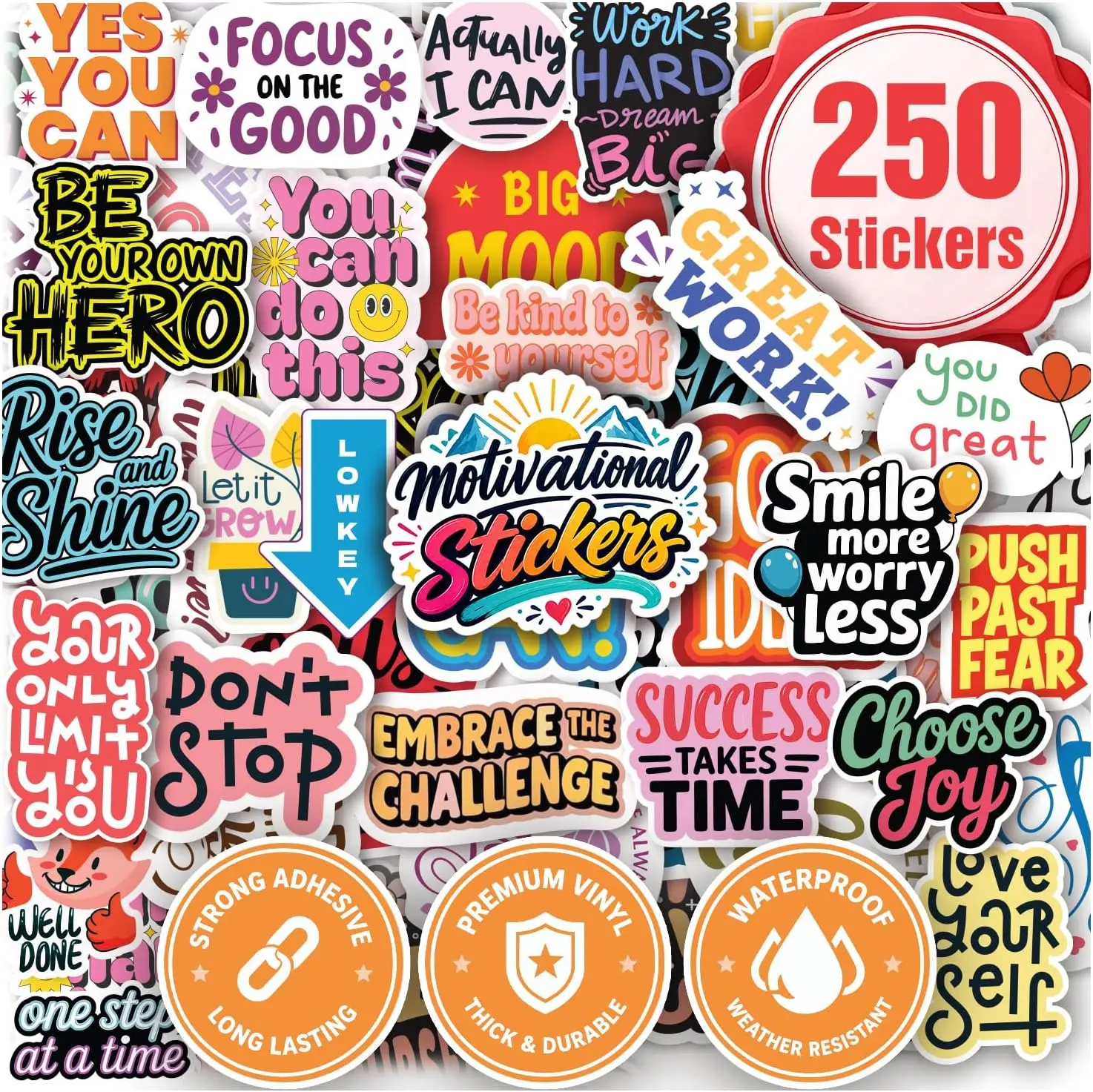 Premium 250 Pcs Motivational Stickers, Inspirational Vinyl Decals | 250 Unique Designs Inspirational Positive Affirmation Stickers for Teens Adults Students Decals for Water Bottles Laptop