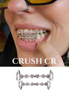 CRUSH CR 18K Gold Plated Pink Heart Grillz, Tooth Gems for Women Teens, Cute Heart-Shaped Pink CZ Stones, Hypoallergenic Removable, Perfect for Y2K Fashion, Music Festivals, TikTok OOTDs, Ideal Dental Jewelry to Elevate Your Style