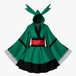 Deku Costume - Green Hooded Dress with Red Belt and Lace Trim for Anime Cosplay Hero Cosplay Battle Lolita Kimono Dress Cosplay Costume Halloween Suit