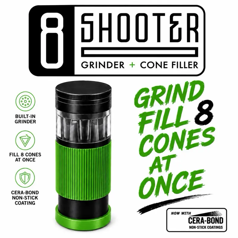 8 Shooter Precision Cone Filling Tool, 8 Paper Cones Filler, 8 Slot Fill System, Non-Stick Cera Bond Coat, CNC Machined Anodized Aluminum, Precision Diamond Teeth Mill, Heavy-Duty Construction, Consistent Fill Performance - Black, Green, Blue, Red, Purple