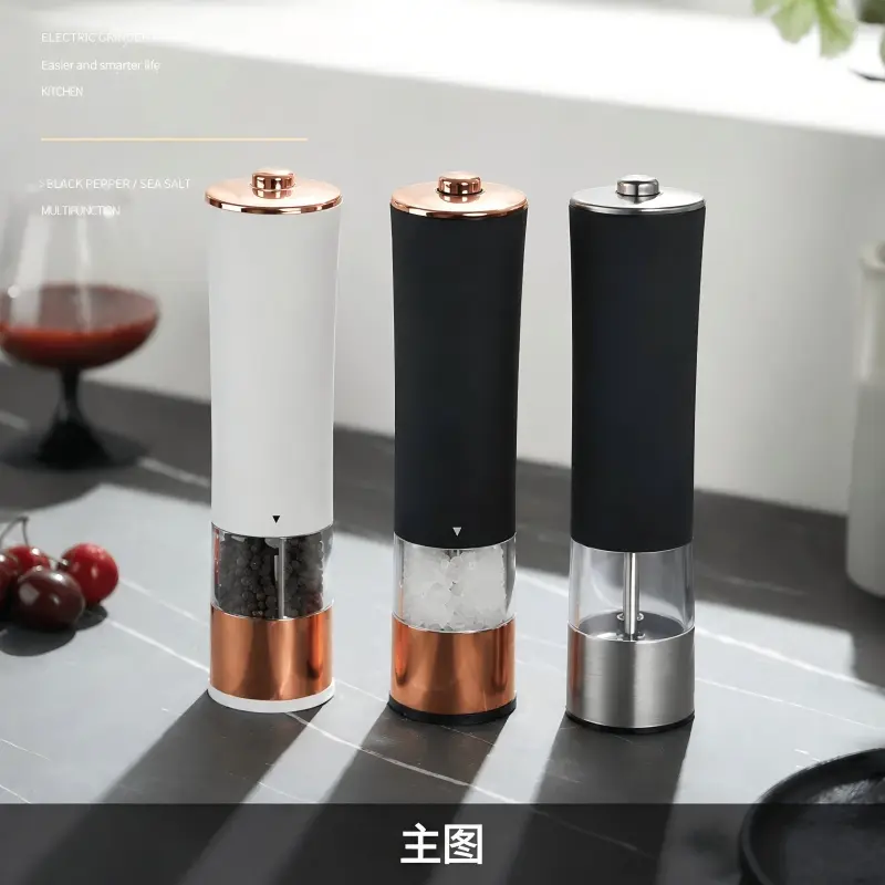 Stainless Steel Cylindrical Electric Salt and Pepper Mill - Ceramic Grinding Core, Adjustable Coarseness, 1-Hand Operation, Refillable Glass Single Unit, Kitchen Gadgets for Kitchen, BBQ Cooking, Modern