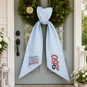Land of the Free Home of the Brave Wreath Bow Sash, Pink Gingham Patriotic Embroidery Door Decor Gift for 4th of July