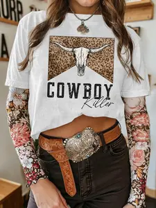 Women's Cow Skull Print Round Neck Graphic Tee, Vintage Trendy Casual Short Sleeve T-shirt for Daily Wear, Ladies All Seasons Outfit, Top, Casual Comfy Tee