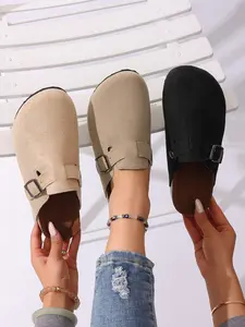 Women's Thick Sole Buckle Footbed Sandals, Spring New Arrival, Apricot Round Toe Slip-On Velour Shoes, Flat Mules Outdoor Casual Slippers, Thick Bottom Slippers, Slip On Clog