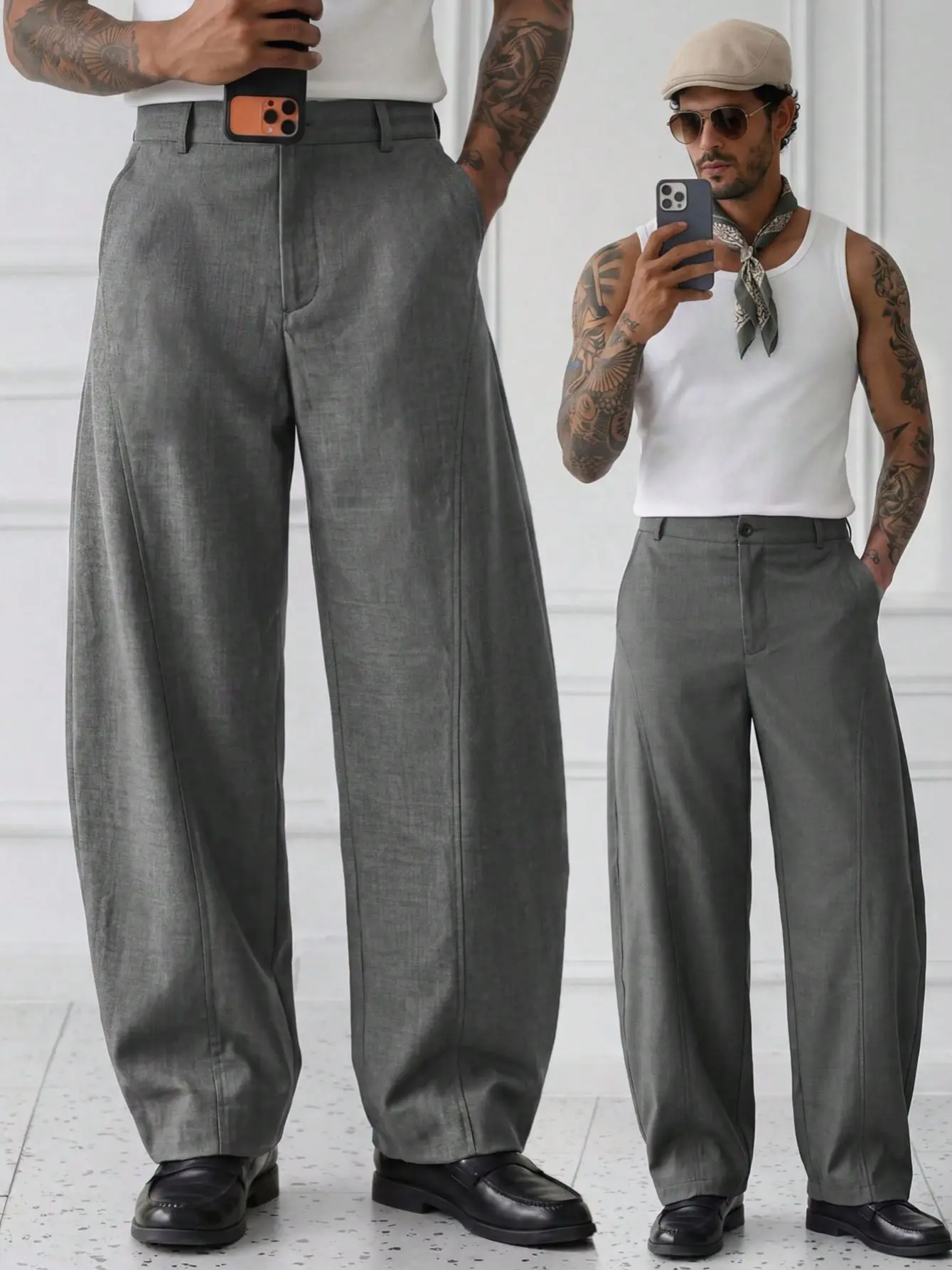 Men's Baggy Barrel Leg Dress Pants - Vertical Curved Seam Details, Button-Zip Fastening, Classic Side Pockets, Loose Wide Leg Silhouette, Smart Casual Slacks for Urban Street Look & Office Wear