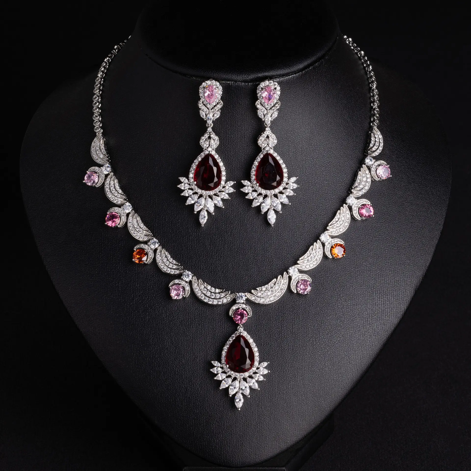 Vintage Wing Teardrop Simulated Gem Jewelry Set, Multi-Color Crystal Necklace & Dangle Earrings Formal Bridal Accessories