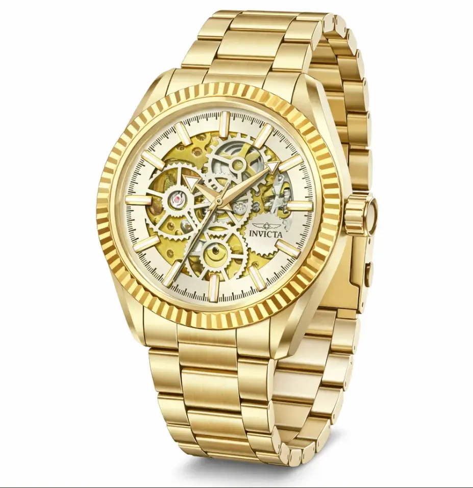 Invicta Objet D Art Glyph Automatic Men's Watch - 43mm Gold Case, Skeleton Dial, Auto Movement, Mechanical View, Unique Look (69752)