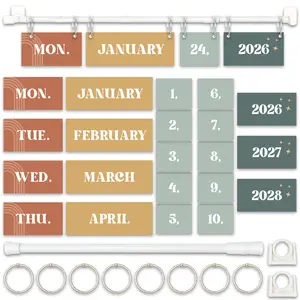 Modern Boho Flip Calendar Bulletin Board Set, Calendar With 53 Date Cards For Classroom, Adjustable Rod 15.7"-27.6", 8 O-rings, Mounting Hooks, Teacher & Homeschool Decor, Years 2026 - 2028