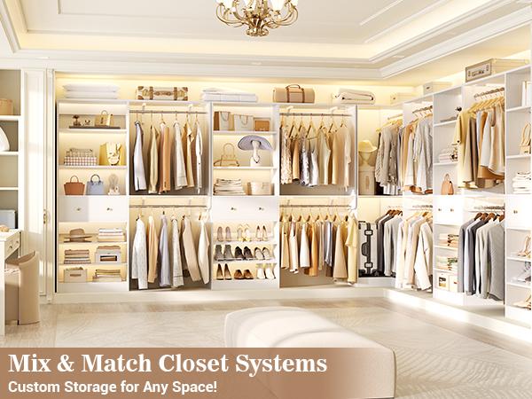 Closet System Set of 3 - Corner Closet Organizer System with 2 Drawers/16 Shelves/6 Hanging Rods, 151.1" L-Shaped Walk-In Wardrobe Organizer, 2800+ lbs Capacity