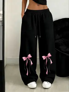 Bowknot Decorated Cute Print Casual Loose Wide Leg Pants Womenswear, Elastic Drawstring Waist, All Seasons Fashion for Women