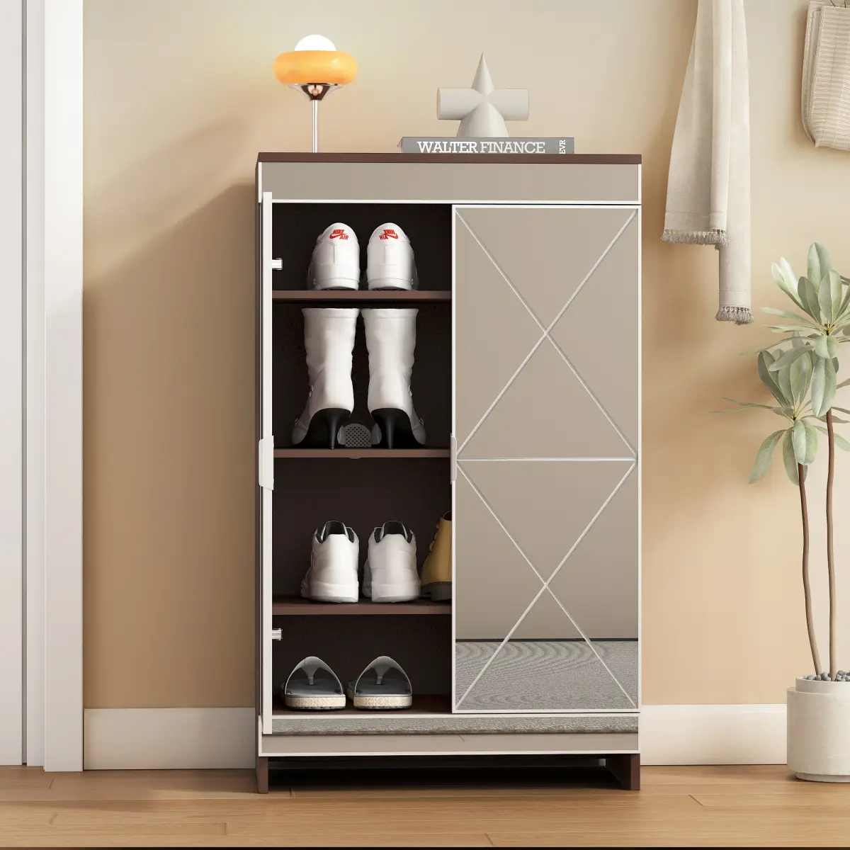 Brown Modern Storage Sideboard Cabinet - Metal Geometric Mirrored Double-Door Shoe Cabinet with Silver Edging, Frosted Glass, Symmetrical Carvings, Drawer for Entryway (5 - 10 Kg Capacity)